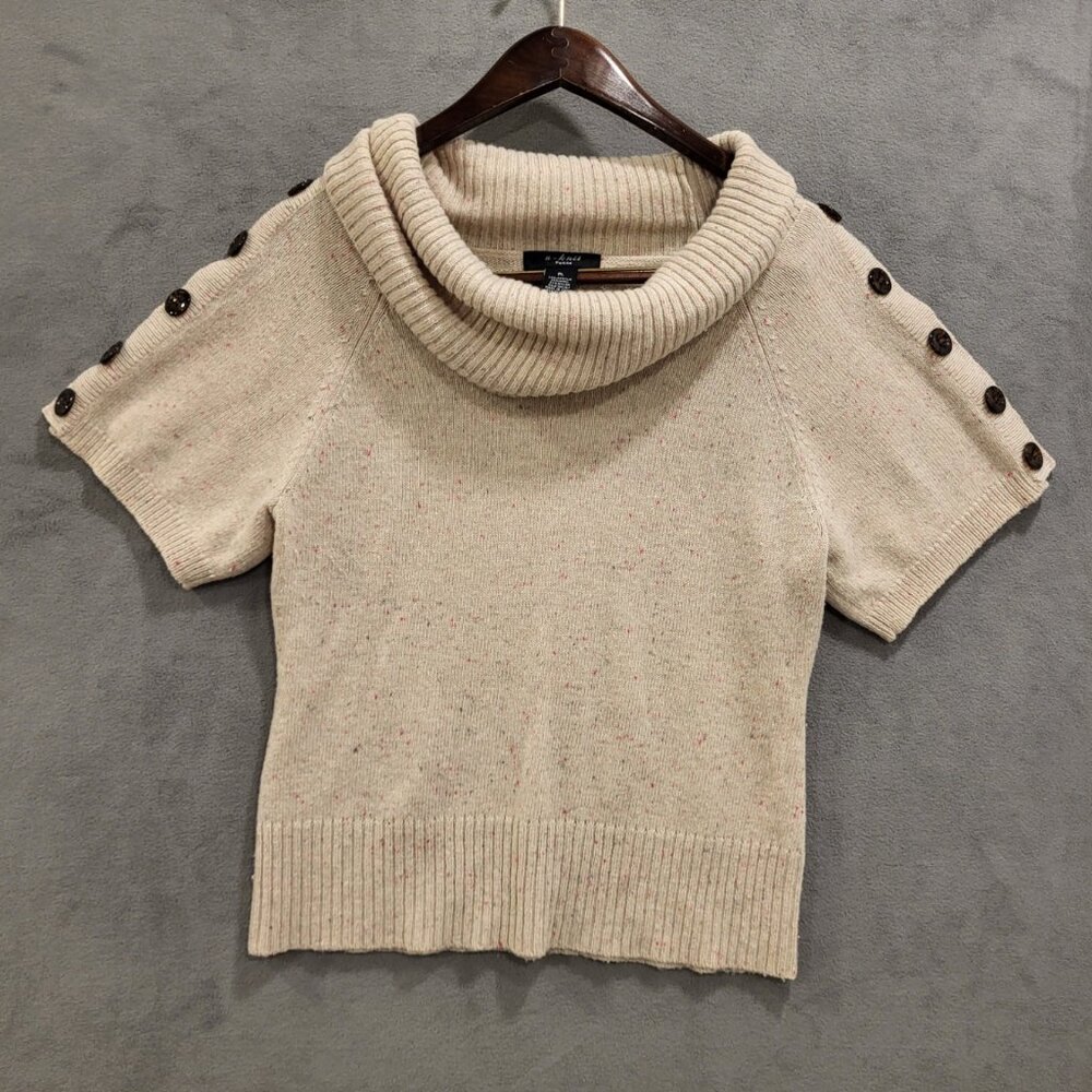 U-Knit Cowl Neck Sweater Women Size Large Petite Short Sleeve Wool Blend Buttons